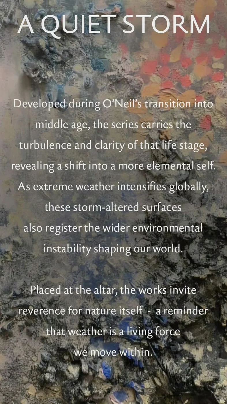 A Quiet Storm artist statement printed in white over a heavily textured painting in greys, blues and red marks