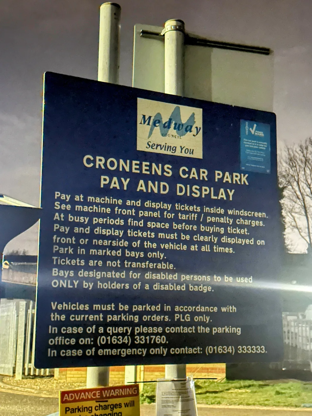 The pay and display sign at Croneens car park in Gillingham, a Medway Council pay and display car park. The photo was taken in March 2025