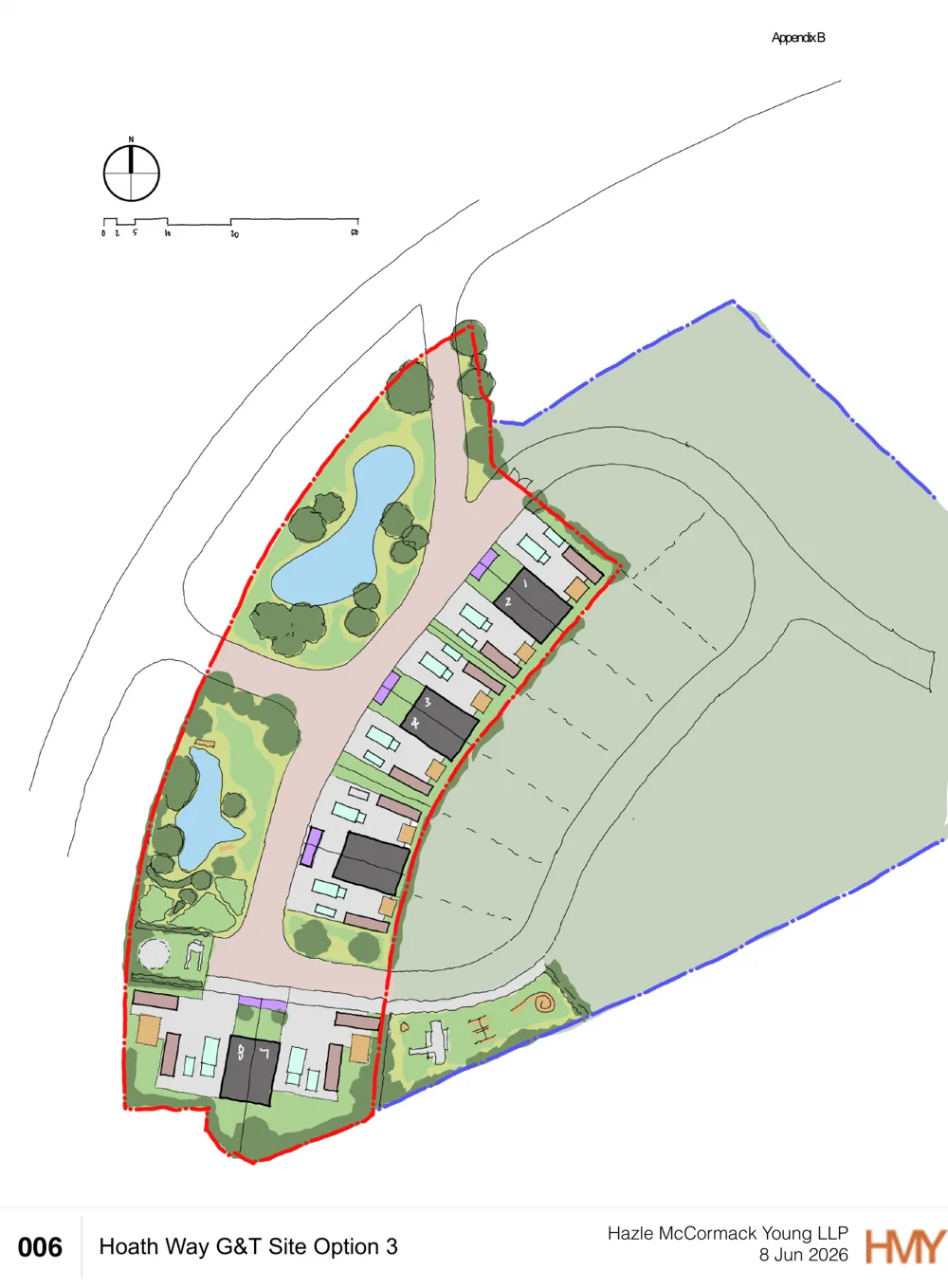Architects' indicative site plan titled Hoath Way G and T Site Option 3, showing numbered pitches with utility blocks along an access road, two ponds and planting, a play area, and adjacent land outlined for possible future expansion.